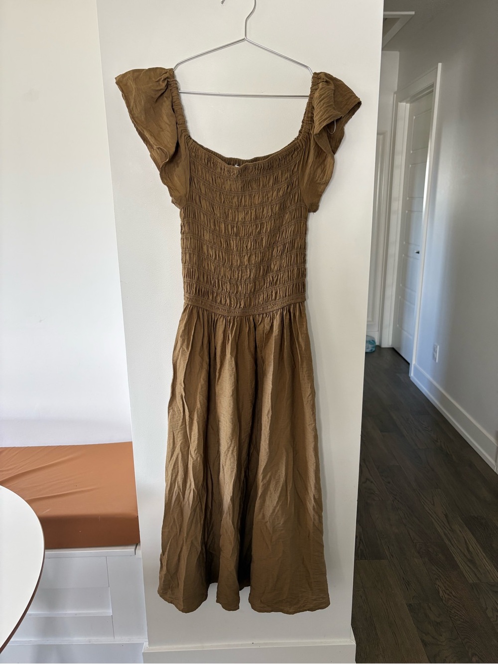 Anthropologie Moon River Brown Smocked Midi Dress with Flutter Sleeves